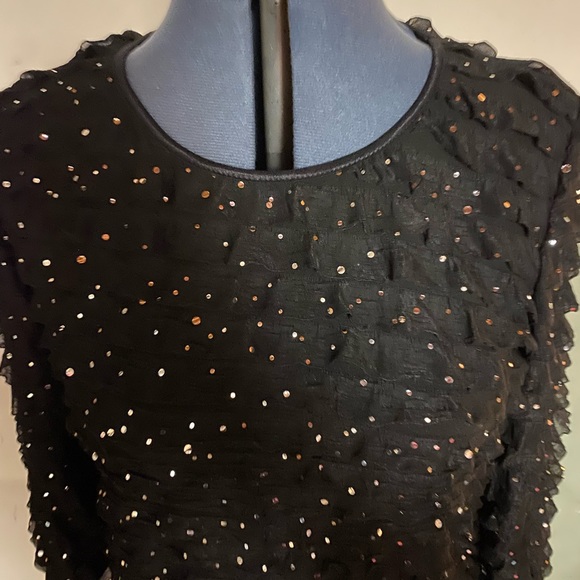 Jet Black Fancy crepe-ish fabric Top with sequins & small ruffles, lightweight - Picture 6 of 9